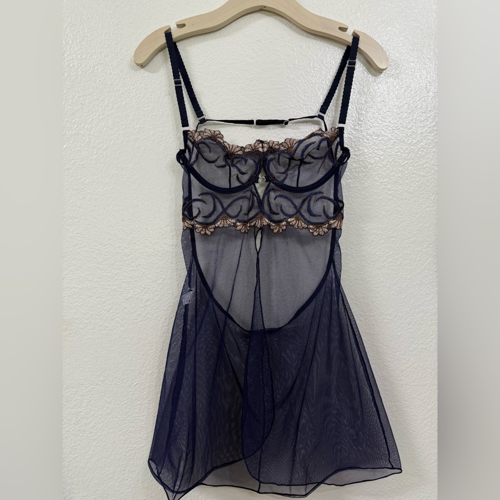 SHAMAH Embroidered Slip Dress mesh Blue embroidered Brown flowers! Size: L